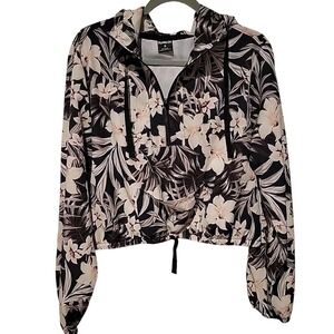 Hurley Jacket Womens M Black Tropical‎ Floral Hoodie Windbreaker Cropped